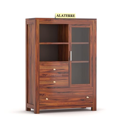 Image of Wood Book Shelf with Glass Door with Storage | Wooden Book Shelf for Home Library with Drawer | Home Office Living Room, Kitchen Crockery Storage Cabinet |, Honey Finish