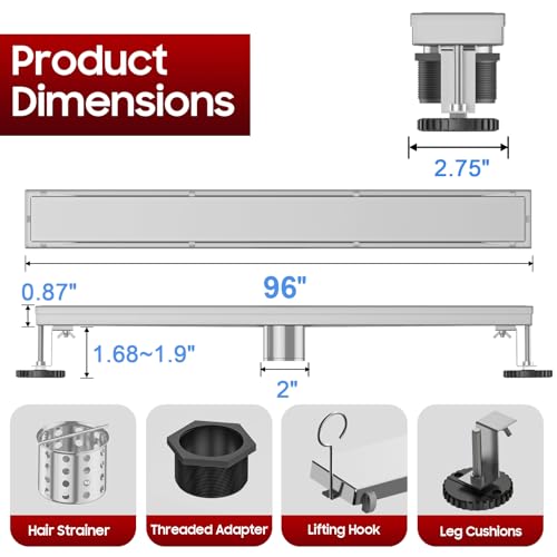 Image of DLONE Linear Shower Drain - 96 Inch Brushed Nickel, with Tile Insert Panel