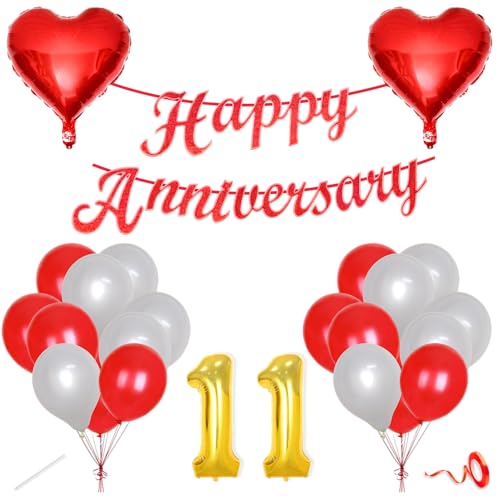 Image of Flyloons 11th Happy Anniversary Decoration Items Red White for Men Women Husband Wife Mom Dad Parent Couple Home Bedroom Car With 20 Pcs Metallic Balloons Anniversary Banner 2 Pcs Heart Set Kit