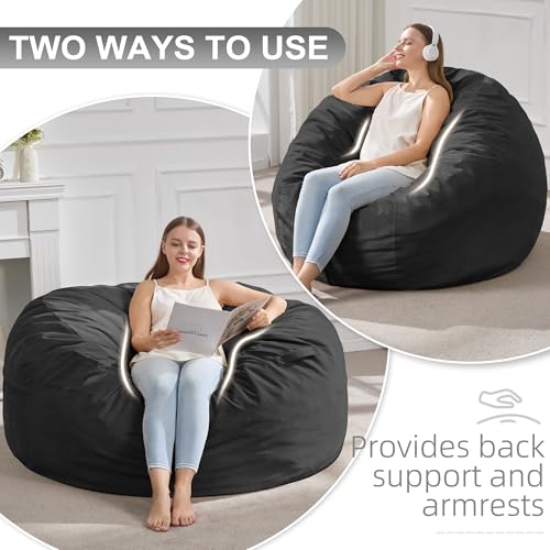 Image of Hobestluk Adults Bean Bag Chair 4FT Big BeanBag Chair Extra Large Oversized | Memory Foam,Removable Cover,Velvet Fabric,Storage Pocket,Handle,Breathable Lounge Chair for Bedroom Study Room | Black 4FT