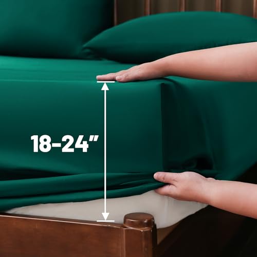 Image of Extra Deep Pocket Queen Sheets 18-24 Inch 100% Egyptian Cotton 1000 Thread Count Sateen Weave Soft Breathable 4 Pieces(Queen,Dark Green)
