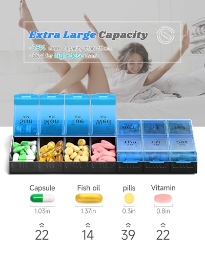 Image of Extra Large Pill Organizer 2 Times a Day, Weekly XL AM PM Pill Case, 7 Day Pill Box Twice a Day, Oversized Daily Medicine Organizer for Vitamins (Blue)