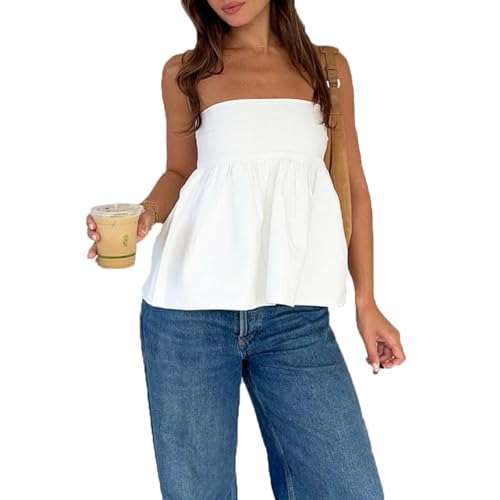 Aopwsrlyi Women's Strapless Peplum Top Summer Sleeveless Smocked Backless Ruffle Hem Bandeau Tube Top