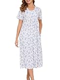 Vlazom Women's Long Nightgown Pleated Casual Nightdress Short Sleeve Soft Nighties Nightwear with Pockets,Cobalt Blue Flower,M