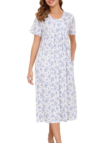 Vlazom Women's Long Nightgown Pleated Casual Nightdress Short Sleeve Soft Nighties Nightwear with Pockets,Cobalt Blue Flower,M