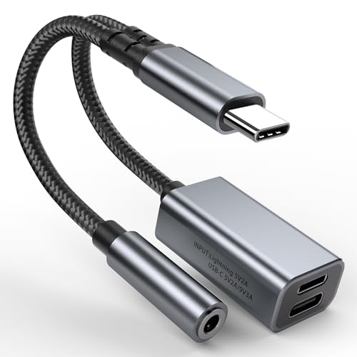 USB C to 3.5mm Audio Adapter with Charger, 3 in 1 USB C Headphone Adapter with PD 27W & Lightning 10W Charging Dongle Compatible with iPhone 15/15Pro, Galaxy S24 Ultra/S23/S22/S21, Google Pixel 8/7/6