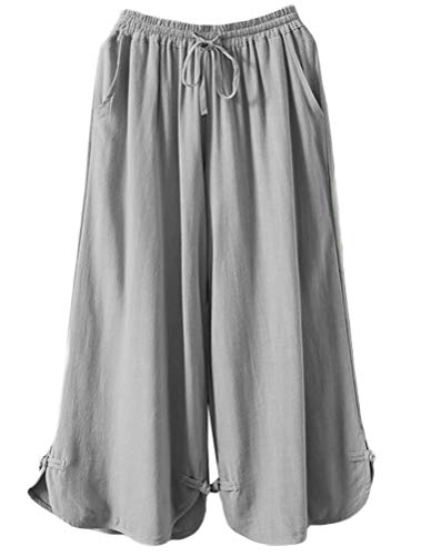 Minibee Women's Linen Cropped Pants Drawstring Waist Wide Leg Trousers with Frog Button (L, Gray)