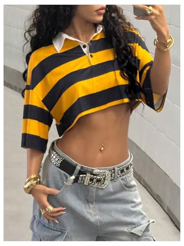 Milumia Women's Y2k Striped Button Up Collared T Shirt Short Sleeve Drop Shoulder Crop Tops2