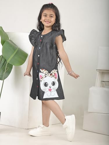 Image of superminis Girls Denim Solid Color Half Sleeves Dress with Embroidered Pocket (1 Dress)