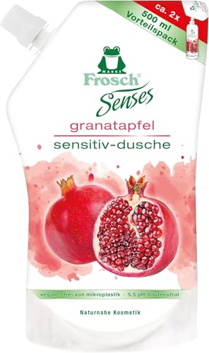 Frosch Senses Granatapfel Sensitiv-Dusche, Duschgel für empfindliche Haut geeignet, pH-hautneutral & vegan, ohne Mikroplastik, Körperpflege, klar, Nachfüllbeutel, 500 ml (Packung mit 6)
