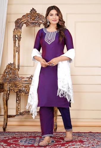 Image of Women's Silk Embroidered Kurta with Pant and Dupatta Set, Straight Style