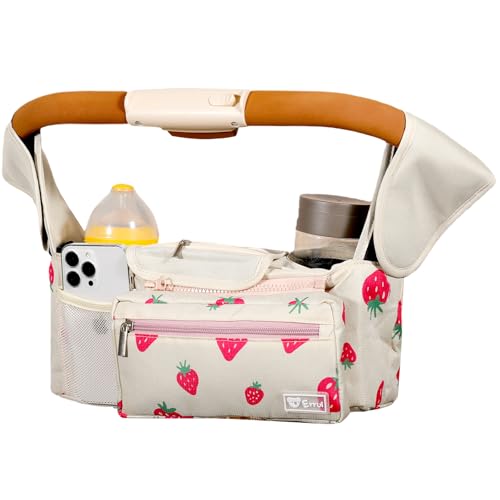 Image of ERRUI Universal Stroller Organizer with Insulated Cup Holders and Detachable Phone Bag,Stroller Caddy Fits for Stroller Accessories like Uppababy, Baby Jogger, Doona, Nuna Stroller (strawberry)