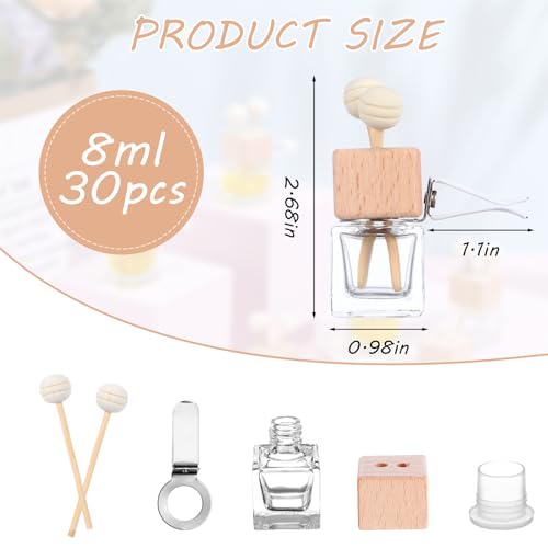 Image of 30 Pack Car Diffuser Air Freshener Bottle Empty Car Essential Oil Diffuser Auto Glass Perfume Diffuser Bottle with Vent Clip Wooden Caps Stick Fragrance Ornament