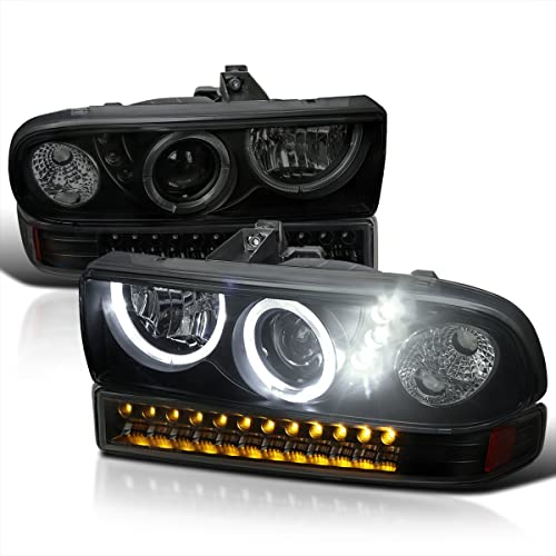 Spec-D Tuning Smoke Lens LED Halo Projector Headlights +LED Bumper Lights Compatible with 1998-2004 Chevy S10 Pickup, 1998-2004 Chevy Blazer, Left + Right Pair Headlamps Assembly