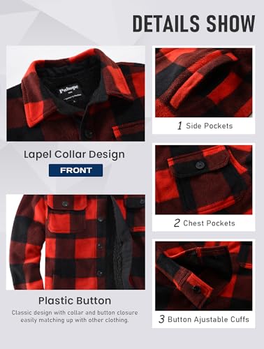 Puhope Herren Polarfleece-Hemdjacke mit Sherpa-Futter, dicke Button-Down-Jacke mit mehreren Taschen, Rot/Schwarz, 3XL