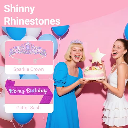 Birthday Tiara and Crown with Sash, Birthday Tiara for Women Party (Purple)