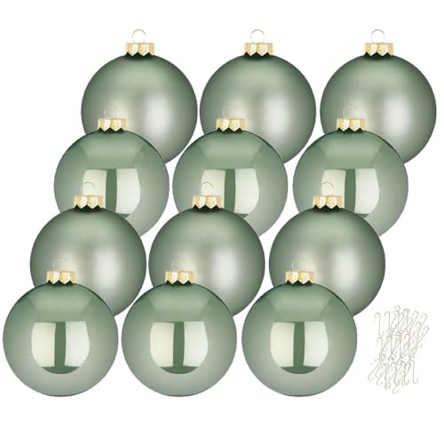 Inge Glas große Weihnachtskugeln mit Haken | Christbaumkugeln aus Glas | Set 12 Kugeln 8cm groß und 40 Aufhänger | Christbaumschmuck Weihnachtsbaumkugeln (Mild Sage | Mint)