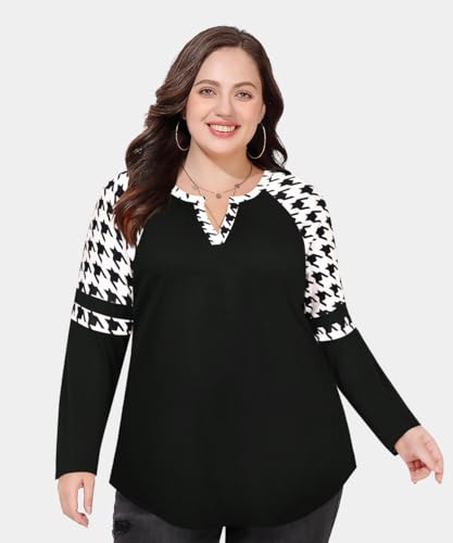 Image of CARCOS Plus Size Tops for Women Long Sleeve Fall Tunic Color Block Camo /Plaid /Leopard /Fall Blouse Crewneck Tshirt XL-5XL