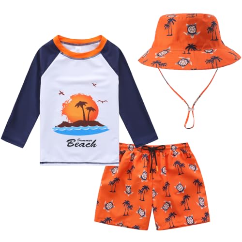 Toddlers Baby Boys' 3-Piece Rashguard Sets Swimsuits Bathing Suit with Hat Surfing Swimwear Sunsuit UPF 50+