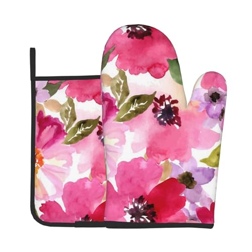 Ensemble de maniques et maniques à Motif Aquarelle, Motif Fleurs Rose Fuchsia, résistant à la Chaleur