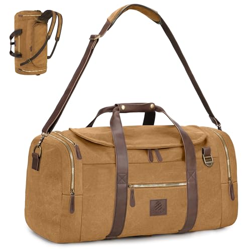 Densata 60L Travel Bags for Men, Nomad Canvas Duffle Bag Vintage Genuine Leather Travel Duffel Bag Multifunctional Weekender Overnight Backpack with Shoes Compartment (Coffee, X Large-60L)