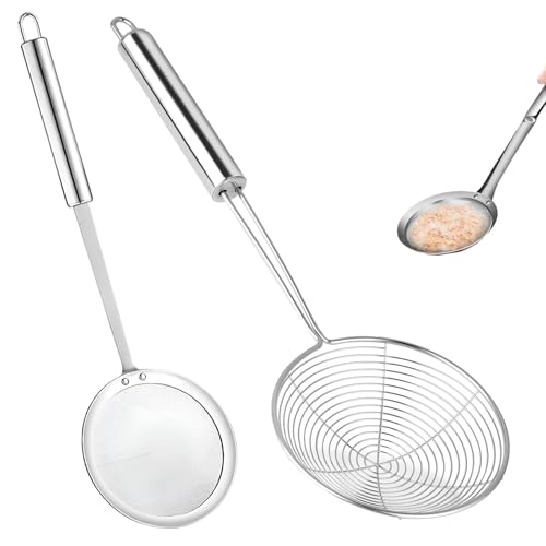 KLVGTIFS 2 Espumadera, Espumadera Araña de Acero Inoxidable, con Rasera Cocina Mango Alta Resistencia al Calor para Cocinar en la Cocina, Asar, Cocer al Vapor y Recoger Alimentos, Lavavajillas,14 cm