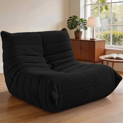 Image of HABUTWAY Bean Bag Chairs Fireside Lazy Floor Sofa,Single,Black | Soft Teddy Fleece Bean Bag Sofa with High-Resilience Foam Filling,Beanbag for Living Room, Bedroom, Office