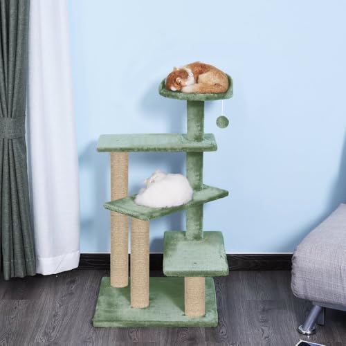 Image of Cat Tree Tower, Multi-Level, Grey, Sisal Scratching Posts, 36 Inch Height, with Perch and Hanging Toy (FURR-40) (Green)