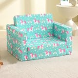 lasoftan Toddler Couch, 2-in-1 Soft Kids Couch Bed Fold Out, Toddler Chairs Comfy for Boys & Girls, Convertible Kids Sofa for Playroom, Gift for Birthday, Children's Day - Blue Unicorns