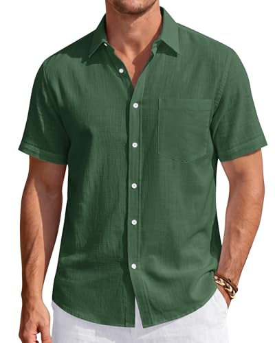 Image of J.VER Mens Linen Shirt Short Sleeve Button Down Casual Summer Shirts | Cotton Linen, Untucked, Big Tall, from Beach Camp Vacation, Cruise Fishing, Work Office, to Wedding Party Family, with Pocket