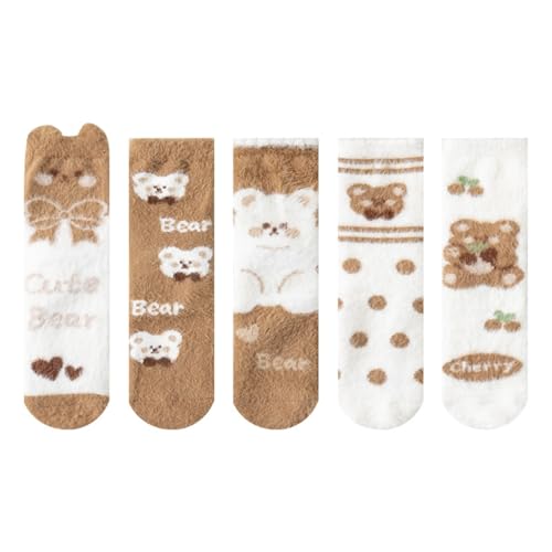 Warm Fluffy Socks, Soft Winter Slipper Socks with Cute Bear Patterns Sleeping Plush Crew Socks Cozy Casual Socks for Women, 5 Pairs, Size 5-9