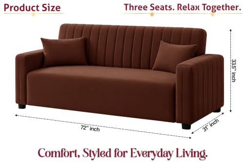 Image of Modern 3 Seater Sofa | Vertical Channel Tufted Backrest & Armrests | Plush Cushioned Seating | Contemporary Upholstered Couch for Living Room, Bedroom & Office - Brown Color