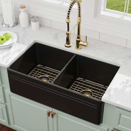 Yurshen 33" Black Ceramic Porcelain Kitchen Sinks, Apron Front Farmhouse