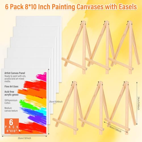 image for cridoz Canvas Boards with Easel for Painting 6 Pack 8 x 10 Inch Small 