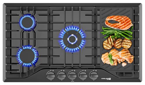 36 Inch Gas Cooktop with Griddle, GASLAND Chef PRO GH3365SF 5 Burner Gas Stovetop with Reversible Cast Iron Grill/Griddle, Gas Countertop Plug-in, NG/LPG Convertible Gas Cooktops, Stainless Steel