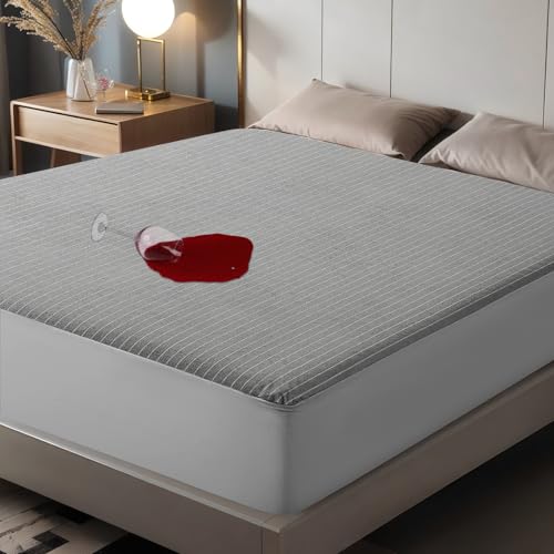 TASTELIFE King Size Waterproof Mattress Protector - Deep Pocket, Breathable, Washable, Moisture-Wicking, Gray Stripe