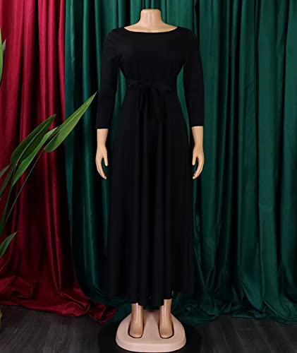 Image of SOMTHRON Women's Casual 3 /4 Sleeve Long Maxi Dress A-Line Flared Solid Wrap Tie Waist Swing Dresses