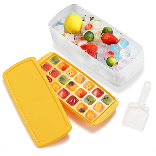 HOMQUEN Bacs à Glaçons Pour Congélateur, Bacs à Glaçons en Silicone à Dégagement Facile Avec Couvercle, Récipient de Stockage, Cuillère, Moule à Glaçons Carré, Moule à Glaçons (Jaune transparent)