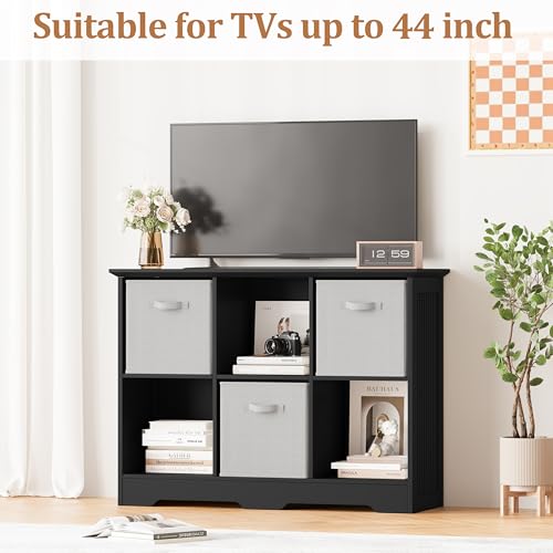 Image of 6 Cube Storage Organizer Shelf, Wood Cubby Storage with 3 Fabric Drawers, 2 Tier Wooden Bookshelf with 2 Adjustable Shelves & Fluted Side Panels for Bedroom, Living Room, Home Office, Black