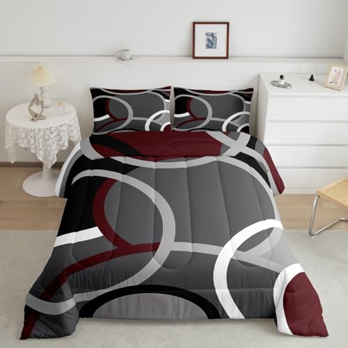 Feelyou Circle Geometry Comforter Set Kids Rurgundy Red Gray Swirl Comforter for Women Men Adults Modern Stripes Bedding Set Geometric Quilted Room Decor Duvet Set King Size Boys