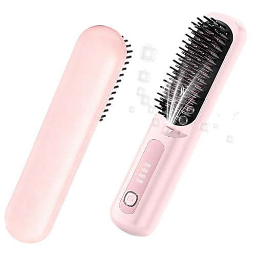 Go Brush Pro, Cordless Hair Straightener Brush, Ionic Ceramic Straightening Comb with 4 Heat Settings, LED Display, USB Rechargeable, Portable for Travel & Daily Use, Anti-Frizz Design (Pink)