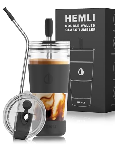 Glass Lined Coffee Travel Mug: Stylish, Insulated, and Leak-Proof for On-The-Go 3 Hemli 19 oz. Double Wall Glass Coffee Tumbler, To Go Travel Mug with Lid, Portable Glass Thermos with Straw, Reusable Cup, Tea, Smoothies, Ice Coffee, and Boba