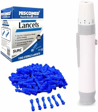 NISCOMED Lancing Device with 100 Round Blood Lancets | Adjustable Depth | Sterile & Painless Finger Prick | For Glucometer Sugar Testing