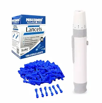 NISCOMED Lancing Device with 100 Round Blood Lancets | Adjustable Depth | Sterile & Painless Finger Prick | For Glucometer Sugar Testing