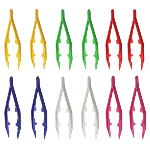 Forevat 12 Stück Bügelperlen Pinzette, Mehrfarbig Kunststoff Pinzette Set mit Gezahnter Spitze, 10 cm Multifunktional Perlenpinzette für Modellbau, DIY Basteln, Puzzle und Elektronik