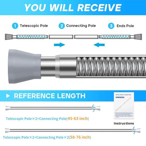 Image of Shower Curtain Rod silver Tension Rod 45 to 77 Inch Spring Curtain Rod Shower rod Non Slip shower curtain rod 1pcs For Windows No Drilling Adjustable Tension Rods of Curtain Window Closet Kitchen