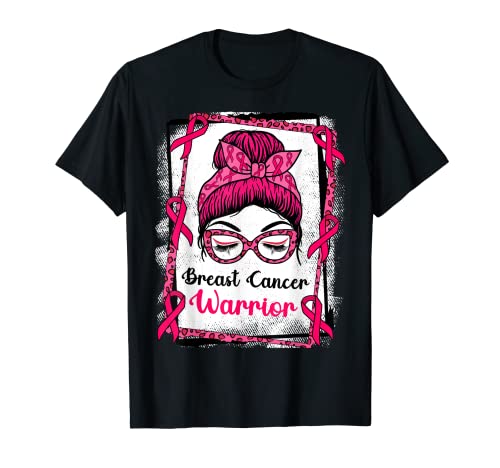 Breast Cancer Warrior Messy Bun Pink Rippon Glasses Camiseta