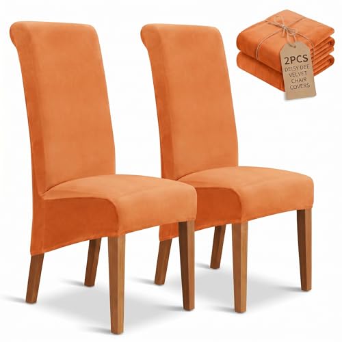 Deisy Dee Velvet Dining Chair Covers Set of 2, Extra Large XL Oversized Stretch Parsons Chair Slipcovers for High Back Dining Room Kitchen, Non-Slip Removable Washable Chair Protectors, Orange