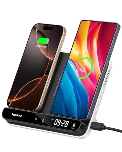 Dual Wireless Charger for 2 Phones, Double Phone Charger Stand for iPhone Air/17/16/15/14/13, Charging Station Pad for Samsung Galaxy S25/S24/S23/S22, Pixel & Earbuds SwanScout 504 (Black & White)