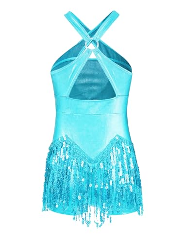 JEATHA Kids Girls Latin Dance Costume Shiny Sequins Tassel Leotard Sleeveless Cutout Fringed Dress Cha-Cha Dancewear Sky Blue 6 Years